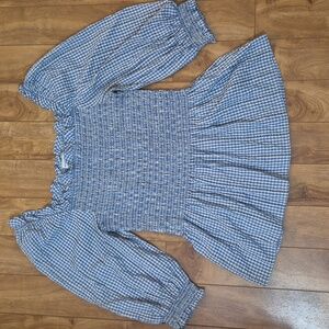 Max Studio Blue and White Gingham Smocked Peplum Top